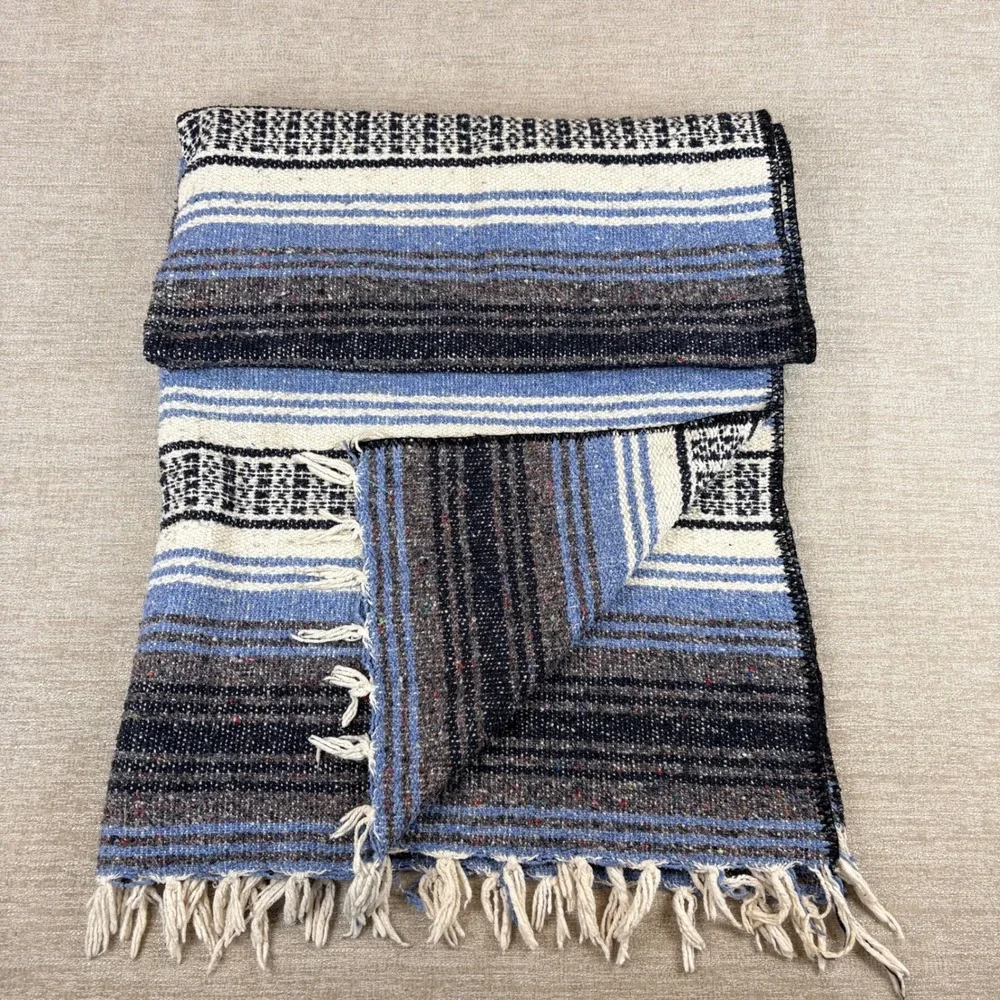 Mexican Serape Falsa Blanket Blue Gray White Striped Woven EUC Boho Western